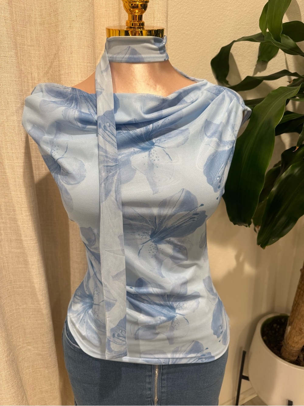 Light Blue Floral Tie-Neck Women's Top